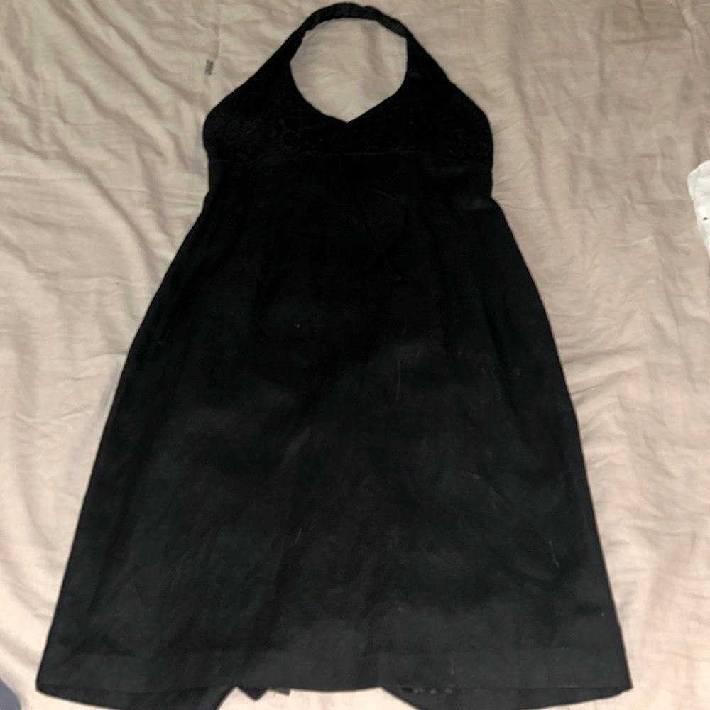 Black linen blend halter dress